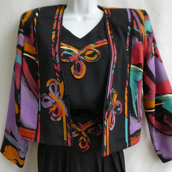 Vintage 3pc Black Abstract Pant Suit Blazer Blouse Trousers Basque Waist USA 10 - Picture 11 of 16